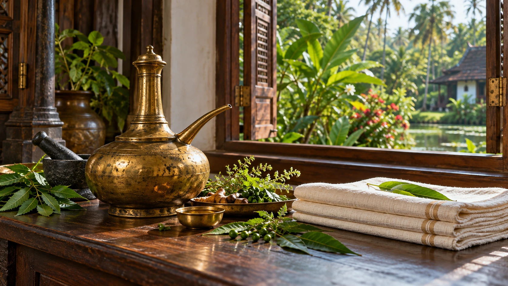 Illustrative Kerala Ayurveda setting with brass vessels and fresh herbs