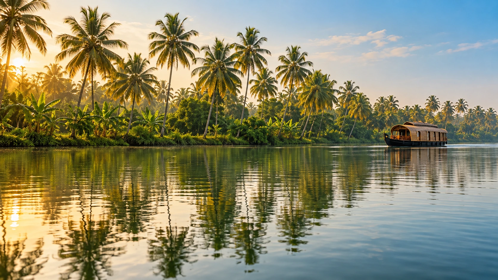 Illustrative Kerala backwaters at dawn with a traditional houseboat