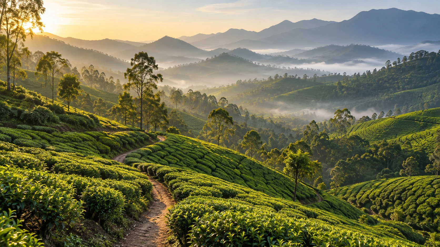 Illustrative Kerala hill country with a winding footpath