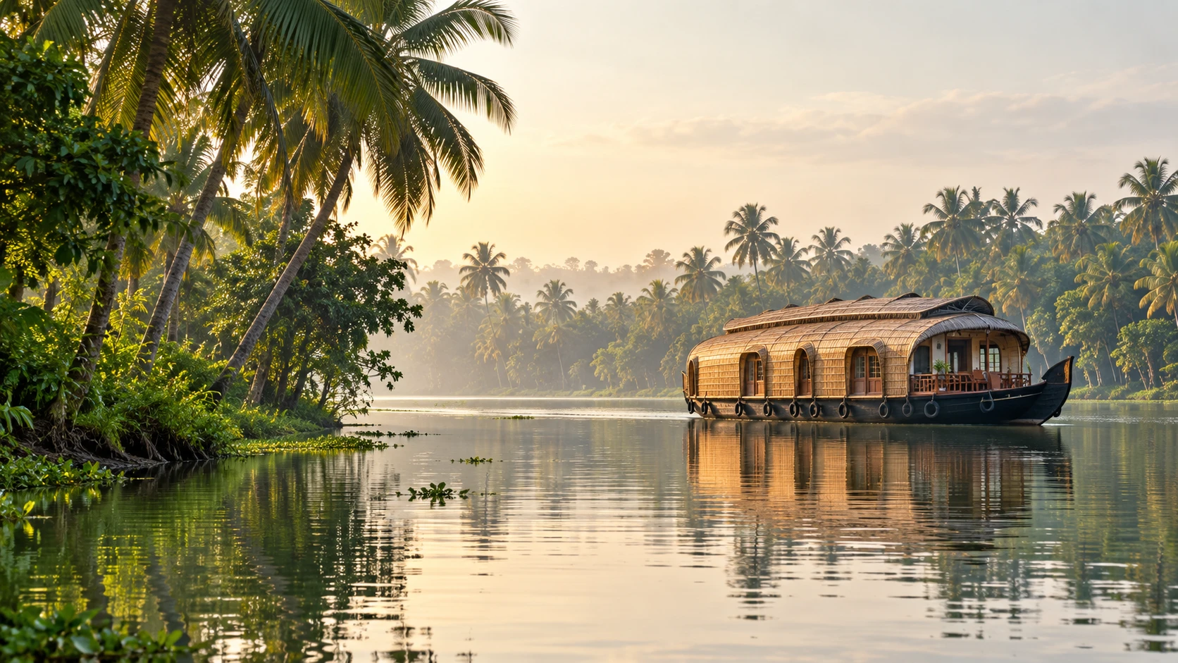 Illustrative Kerala backwaters and a traditional houseboat